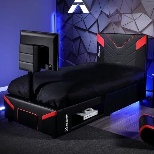 X-Rocker Cerberus Twist Gaming Bed with Rotating TV Mount, Storage Cable Management, Single 3ft Low Sleeper Bedstead, Faux Leather Upholstery, 32 TV Supported, 90x190cm Mattress Included - CARBON RED