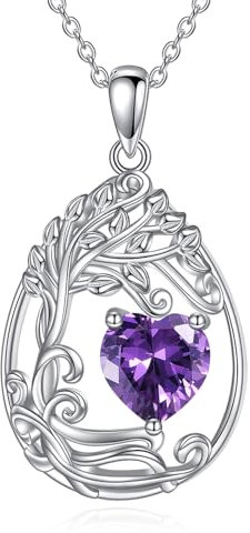 Tree of Life Birthstone Necklace for Women Sterling Silver Tree Jewellery Amethyst February Pendant Purple Gemstone Anniversary Birthday Christmas Gifts for Wife Mom Her (02-Feb-Amethyst)