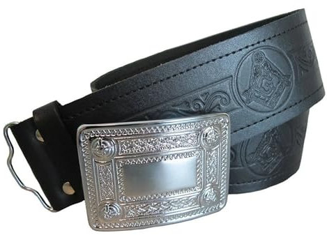 Tartancity Hochwertiger schottischer schwarzer Ledergürtel, Freimaurer, Distel, einfarbiger Kilt-Gürtel, echtes Leder, verstellbare Passform, geprägte Designs, ideal für formelle und legere Kleidung,