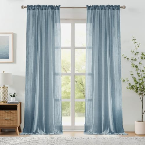 Melodieux Blaue transparente Vorhänge für Schiebetüren, Wohnzimmer, Baumwollleinen, strukturiert, lichtfilternd, Terrasse, rustikale Stangentasche, Fenster, durchscheinende Vorhänge, 132,1 x 274,3 cm