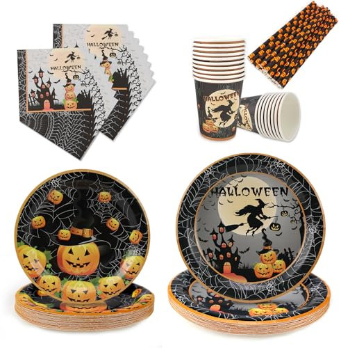 TUZHE Set di piatti di carta per Halloween, 100 pezzi, 20 ospiti, set di stoviglie per feste con tovaglioli, piatti, cannucce, decorazioni per feste di Halloween
