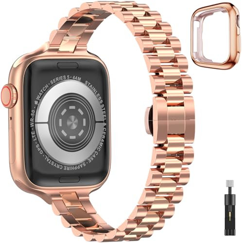 Correa Estrecha Compatible con Apple Watch Band Series SE/9/8/7/6/5/4/3/2/1, Bracelet con Estuche para iWatch de 38 mm 40mm 41 mm Mujer Pulsera de Metal de acero inox para Apple Watch, Oro rosa