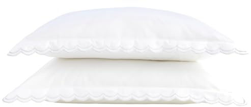 Christy Scallop Edge Oxford Pillowcase Pair | Luxury Cotton Sateen | Contrasting Embroidered Trim | Smooth, Glossy Bedding | White