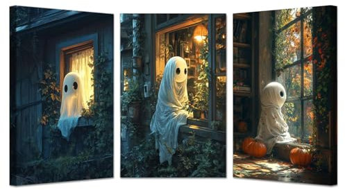 JOSUE 3-teiliges Set Grün, weiß Halloween Bild Bilder Aesthetic Leinwand, Niedlicher Geist Bilder Wohnzimmer Bilder, Poster, Kunstdrucke-50x70cmx3 Gerahmt