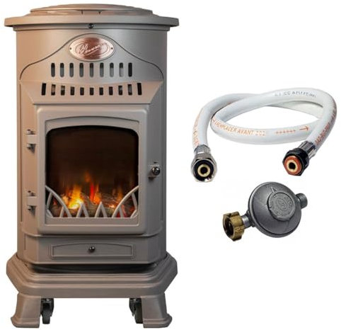 UNIVERSAL - Poêle à gaz Provence 3,4 KW Marron Effet poêle à bois Fonte véritable Chauffage d'appoint + Tuyau gaz et détendeur