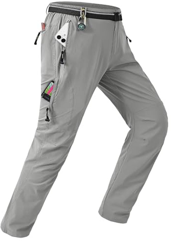 TBMPOY Leichte Herren-Wanderhose mit Gürtel, 5 Reißverschlusstaschen, wasserdicht, schnell trocknend, Angeln, Reisen, Arbeit, Outdoor-Hose, Hellgrau, Groß