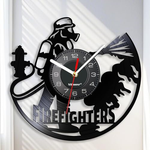 Viiluuxr 30 cm Große Vinyl-Wanduhr mit Feuerwehrmann-Thema, Geräuschlos Batteriebetrieben für die Küche Feuerwache Heim- und Wohnzimmerdekor Freunde Familie Kreative Geschenkideen.