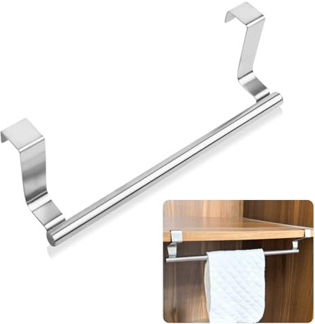Mziart Over The Door Towel Rack for Bathroom Kitchen, 14 Inch Brushed Stainless Steel Over Cabinet Towel Bar with Hooks, Cupboard Towel Holder, Space-Saving Towel Hanger, Silver