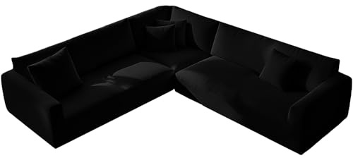 KYJSW Ecksofa üBerzug Stretch Samt (Schwarz,7 Seat-3C3 3 PCS) | Sofabezug L Form 1/5/6/7 Sitzer Sofa üBerzug Anti-Rutsch Waschbar Elastischer Sofahusse Für Wohnzimmer