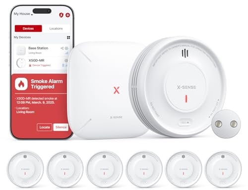 X-Sense Smart Rauchmelder WLAN mit Magnethalterung, Feuermelder vernetzt, austauschbare Batterie, mit Basisstation SBS50, App-Funktion, XS0D-MR61