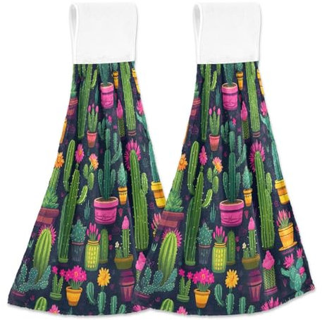 RPLIFE Niedliches Kaktus-Pflanzen-Handtuch-Set, weiche Hängetücher, Kinder-Badezimmer-Handtuchhaken, 46 x 35 cm, Grün, 2 Stück
