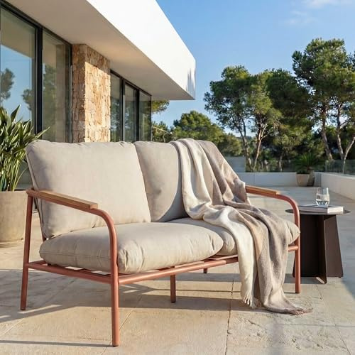 Mendler Aluminium-Gartenbank HWC-O11 125cm Stoff - terrakotta Polster beige | Outdoor, 2-Sitzer, Sitzbank, Sofa, Olefin, (205, g/m²)