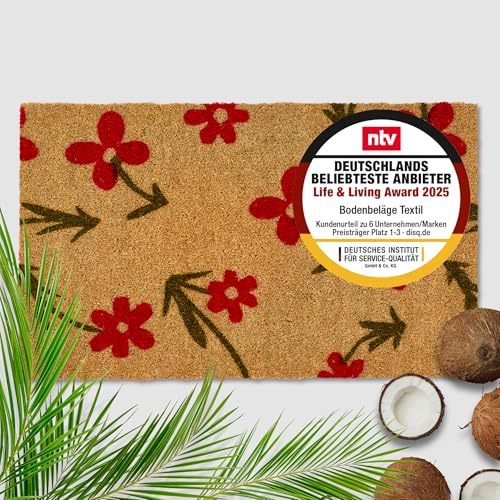 Kokosfußmatte aussen & innen - Türmatte Blumen rot 60 x 90 cm (Rechteckig) | Fussmatte rutschfest Innenbereich & überdachter Außenbereich Kokosmatte wetterfest Fußmatte Kokosfaser natur strapazierfähig