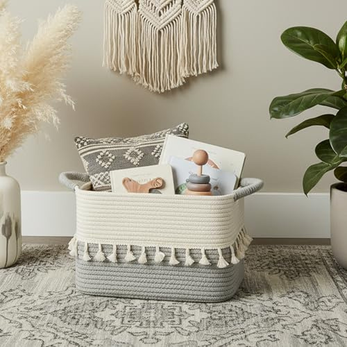 danpinera Aufbewahrungskorb, Korb geflochten mit Henkeln, vielseitiger Korb Aufbewahrung für Wäsche, Decken & Spielzeug, dekorativer Basket für Wohnzimmer, Schlafzimmer, Bad & Kinderzimmer Weiß&Grau