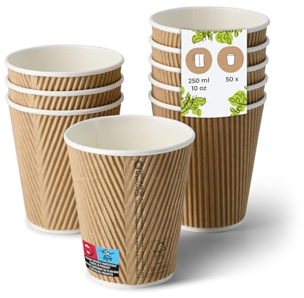 BIOZOYG Riffelbecher 50 Stück, 250 ml Ø 90 mm, braun - Kaffeebecher to go | Doppelwandiger Pappbecher für Heißgetränke - stapelbar, platzsparend, ideal für Café, Foodtruck & Events