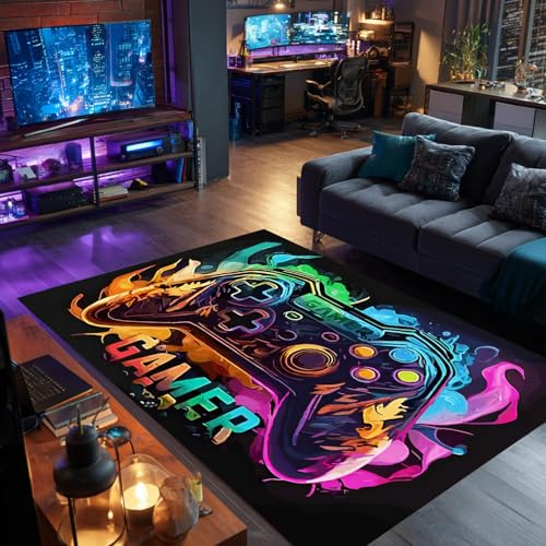 Gaming Teppich 3D Game Controller Design, 100 x 150 cm Gamer Teppich Spielteppich, Rutschfeste & Waschbare Fußmatte, Coole Deko für Jungen Teenager Schlafzimmer Wohnzimmer Spielzimmer Gamer Setup, B
