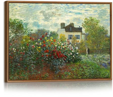 Monet Blumen Garten Leinwand Bilder Mit Rahmen, Vintage Grün Blumen Landschaft Bild Auf Leinwand FrankreichLand Wandbilder Poster Zuhause Wanddeko für Badezimmer Büro Wohnzimmer Schlafzimmer 30x40cm