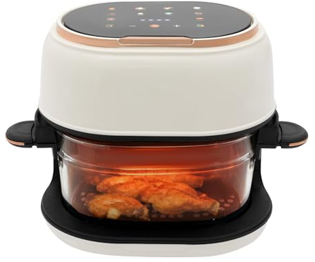 Freidora de aire caliente con cesta de vidrio de 4 litros, freidora de aire caliente de 1350 W, vidrio, pantalla táctil, 8 programas para freír bajo en grasa, hornear, asar, asar, 60-190 °C
