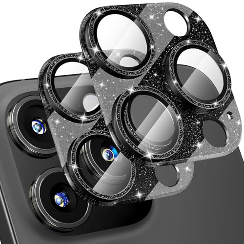 Giftorld [2 Pack Bling Camera Lens Screen Protector for iPhone 15 Pro/15 Pro Max with 9H Tempered Glass Aviation Aluminum Plate Cover Metal Ring,Night Circle-Glitter Black