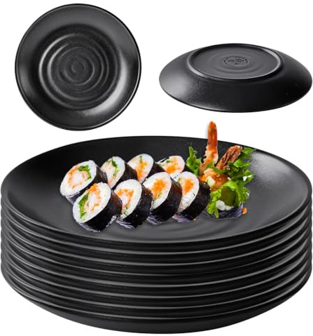 Ensemble de 8 Assiettes Plates Noires (15 x 15 x 1,5 cm), Incassables en Grès mat pour le Petit-Déjeuner, la Salade ou les Pâtes, Parfaites pour les Barbecues les Fêtes les Pique-Niques et le Camping