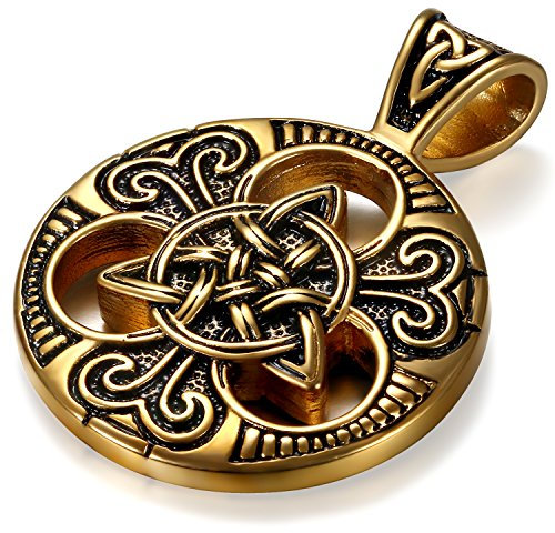 JewelryWe Schmuck Herren Halskette, Edelstahl Irish Celtic Knot Irischen Keltisch Knoten Triquetra Anhänger mit 60cm Quadrat Link Kette, Schwarz Gold