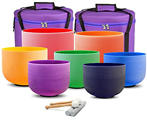CVNC 432HZ Colored 6-12 Inch Set of 7 PCS Frosted Quartz Crystal Singing Bowls 15cm-30cm with Travel Carry Case Bag for Sound Healing and Sound Therapy