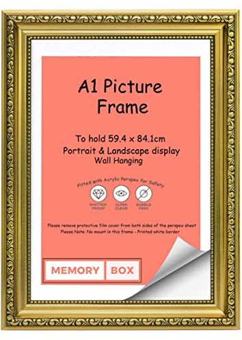 Cadre Photo/ Cadre pour Posters Orné Sombre et Chic – Avec Support en MDF – Prêt à être suspendu ou sur pied - avec Feuille Perspex – Or A1