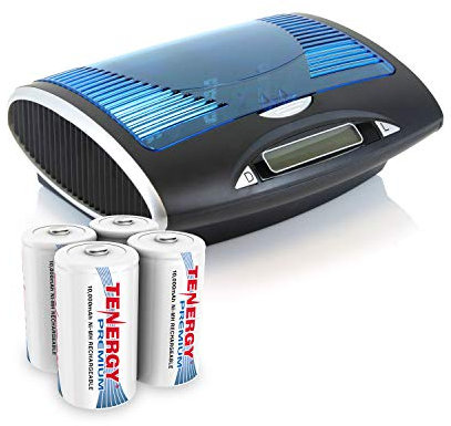 Tenergy Premium Rechargeable D Batteries and T9688 LCD Smart Battery Charger for NiMH/NiCd AA/AAA/C/D/9V Batteries, 4 Pack D Size 10000mAh Cells, 9V Output