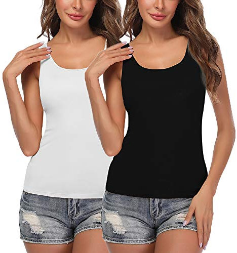 STARBILD 2er Pack Damen 2 in 1 Unterhemd super leicht BH-Hemden mit Eingebauter Cups Tank Tops Schwarz+Weiß 3XL