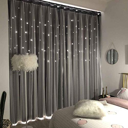 Unistar 2 Paneele Sterne Verdunkelungsvorhänge für Schlafzimmer, Kinder, Baby, Fenstervorhang, doppellagig, Sternausschnitt, Wohnzimmerdekoration, Wanddekoration, Vorhang, B 132xL 160 cm, Grau