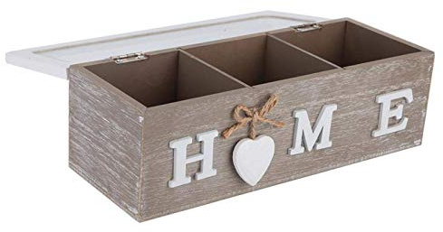 HERCHR Scatola da Tè in Legno con Coperchio, 3 Scomparti Scatola Porta Bustine di Tè con Coperchio Trasparente, Porta Bustine Zucchero Organizer per lettere, foto, anelli, orologi