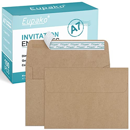 Eupako 12,7 x 17,8 cm Briefumschläge, selbstklebend, A7, Kraftpapierumschläge für 12,7 x 17,8 cm, Braun, 100 Stück
