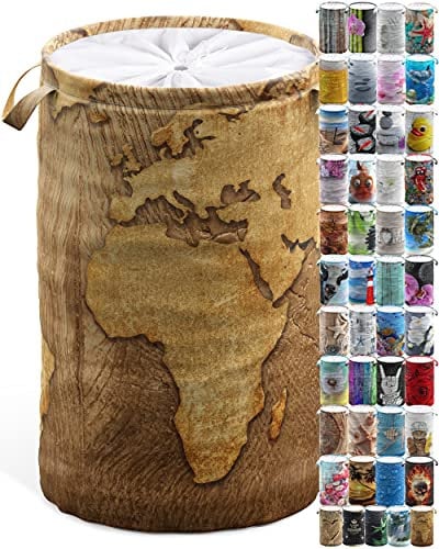 Sanilo Wäschekorb faltbar, stabiler runder Wäschesammler 60 Liter, Wäschesack mit Griffen und Abdeckung (World Map)
