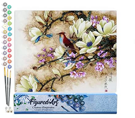 Figured'Art Malen Nach Zahlen Erwachsene Magnolien in Blüten - Paint by Numbers Basteln DIY Bastelset 40x50cm ohne Holzrahmen
