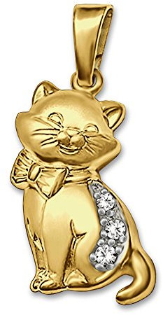 CLEVER SCHMUCK Goldener Anhänger edle Katze mit Schleife bicolor seidenmatt teils glänzend 333 Gold 8 Karat im Schmucketui