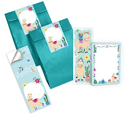 Junapack 12 Lesezeichen + 12 Mini-Notizblöcke + 12 Geschenktüten (Petrol) + 12 Aufkleber Lama Mitgebsel Gastgeschenk beim Kindergeburtstag Mädchen
