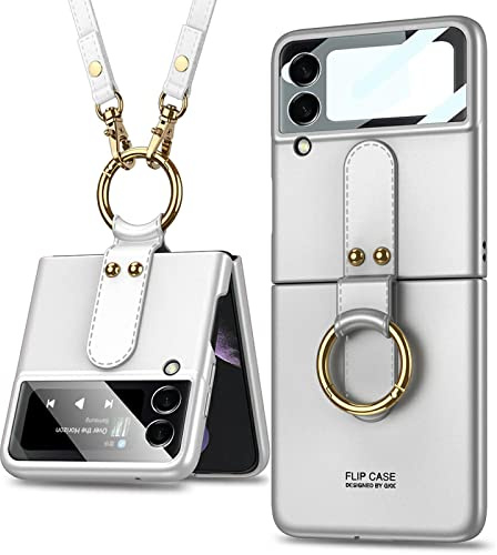 COQUE Étui pour Galaxy Z Flip 3 5G, de téléphone Tout Compris avec Support vidéo à Anneau, de téléphone Pliable pour Samsung Galaxy Z Flip 3 5G(avec bandoulière)-Argent