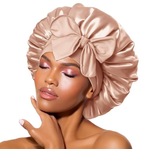BONNET QUEEN Silk Bonnet for Sleeping for Curly Hair, Satin Bonnet Hair Wrap for Women & Men, Adjustable Silk Scarf Night Cap with Tie Band, Champagne