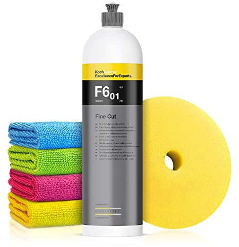 Autopolitur Set: Koch Chemie Fine Cut F6.01 Feinschleifpolitur (1L) - Beseitigt mittelstarke Kratzer - Für alle Lacke - Exzenter oder Rotation - Auto polieren, Politur, Feinschleifpaste | 6-teilig