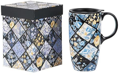 DUSVALLY Ceramic Mug Coffee Cup with Sealed Lid and Gift Box Latte Mug with Handle for Home and Office 17oz.Blue and Yellow Flower