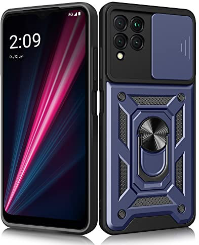 Ermorgen Handyhülle für Telekom T Phone Pro Hülle mit Ring/T-Mobile Revvl 6 Pro[Kameraschutz] Objektivschieberabdeckung Anti-Peeping 360 Grad magnetischer Auto-Halter Militärhülle -Blau