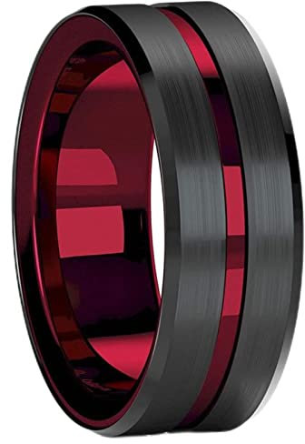 WEITING Modischer Ehering für Herren, 8 mm, roter Rillen, abgeschrägter Rand, schwarzer Wolfram-Ehering für Herren, schwarzer gebürsteter Stahl, Verlobungsring, Herren-7, Stil 25
