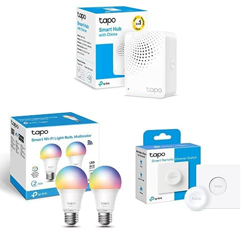 Bundle of TP-Link Tapo H100 Smart Hub + Tapo L530E 2-Pack - Bombilla LED inteligente Wi-Fi, multicolor + Tapo S200D - Interruptor Regulador Intensidad de Luz WiFi Inteligente