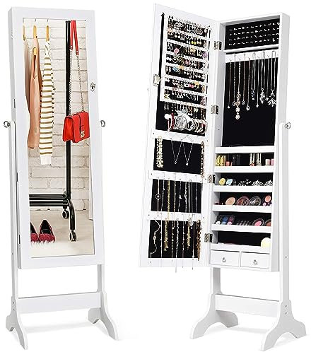COSTWAY Armario para Joyas con Espejo, Espejo Joyero de Pie con Cerradura y Estante para Joyería Almacenamiento, Armario Joyero con Espejo Giratorio de Maquillaje