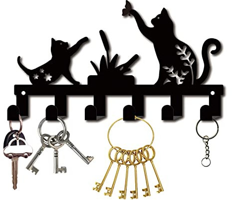 CREATCABIN Porte-Clés en Métal Noir Crochets pour Clés Organisateur Cintre Mural Décoratif avec 6 crochets Chat Papillon pour Porte D'Entrée Couloir Salle de Bain Sac Vêtements Clé Écharpe à Suspendre