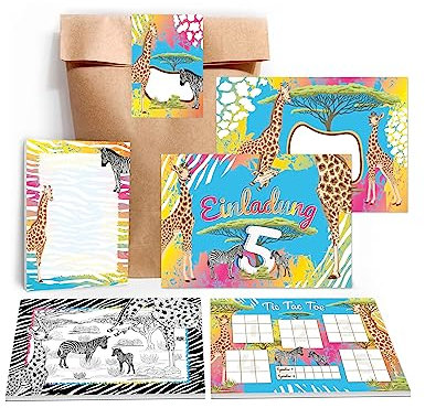 8 Einladungskarten zum 5. Geburtstag Einladung Kindergeburtstag Mädchen Karten Jungen Safari Giraffe Zebra Pferd Sahara incl. 8 Umschläge, 8 Tüten, 8 Aufkleber, 8 Blöcke, 8 Mandalas, 8 Tic Tac Toe