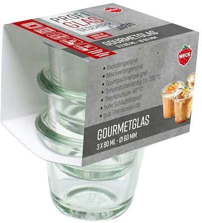 Weck 3er Set Gastropack 80 ml Gourmetgläser (perfekte Kreationen, Backofengeeignet, Spülmaschinengeeignet, Stabilität, Delikatessengläser, ohne Deckel) 76123