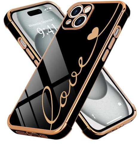 LCHULLE Compatible with iPhone 15 Case for Women Girls,Cute Luxury Plating Love Heart Design Soft TPU Cover Shockproof Full Camera Lens Protection Phone Case for iPhone 15 6.1 inch,Black