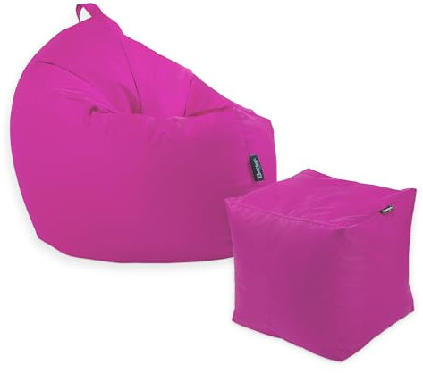 Premium 2-in-1 Sitzsack mit Füllung | Fußhocker | für Kinder & Erwachsene | Outdoor & Indoor | Sitzkissen | Bodenkissen | Wasser- & schmutzabweisend + Sitzpouf 35x35x35cm (Pink, 145 CM + Sitzspouf)