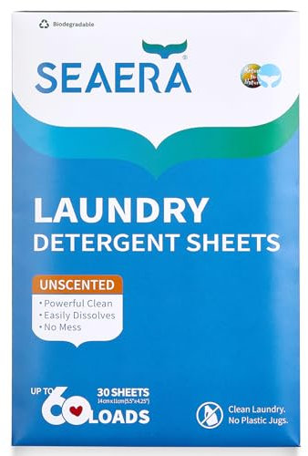 SEAERA Fogli ecologici per detersivo per bucato, certificati FSC, 6 volte di potenza detergente, delicati sulla pelle, fino a 60 carichi (senza profumo)